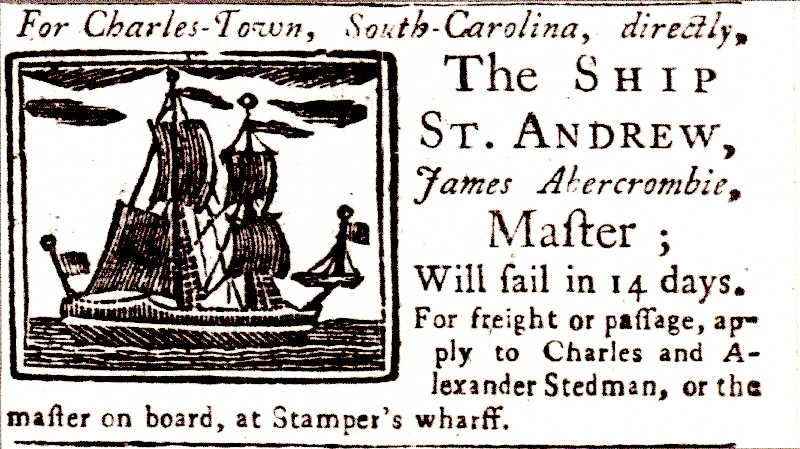 Publicité, le navire St Andrew ,, 1749